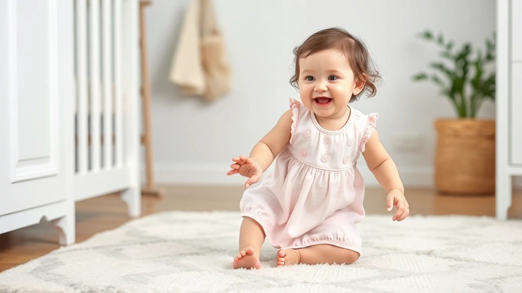 Happy infant girl wearing a comfortable pastel cotton dress while playing on a soft nursery rug, showing natural movement and comfort