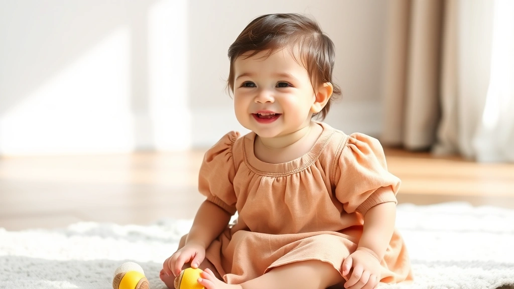 Smiling infant wearing a comfortable loose-fitting dress, sitting on a soft surface, playing with toys, natural daylight