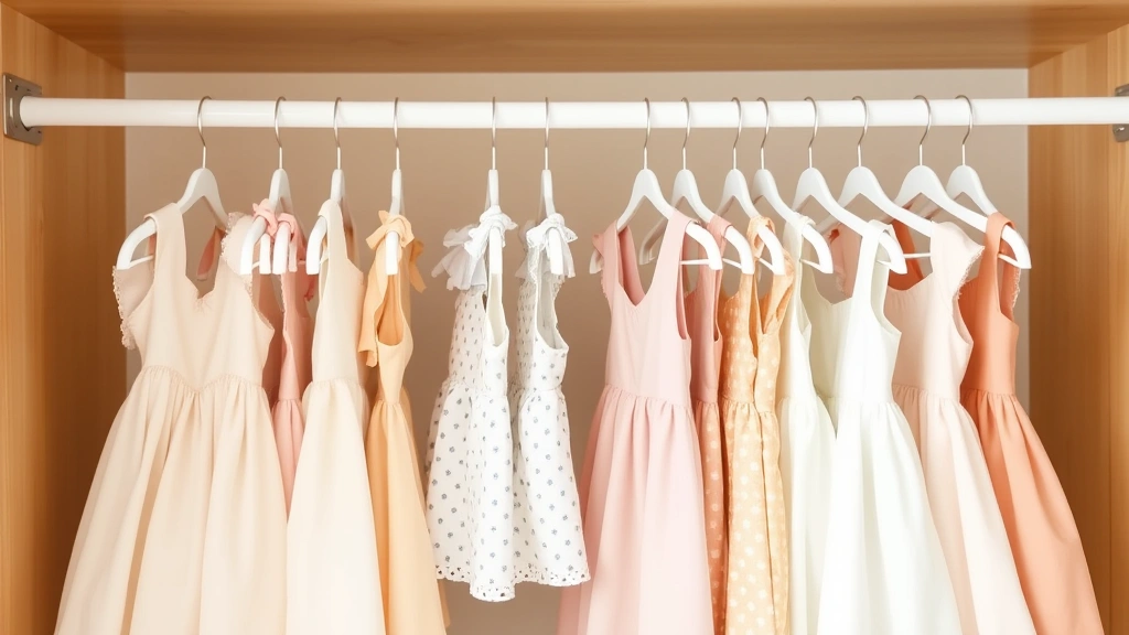 Organized nursery closet displaying multiple baby dresses in various sizes hanging neatly on miniature hangers with soft neutral tones