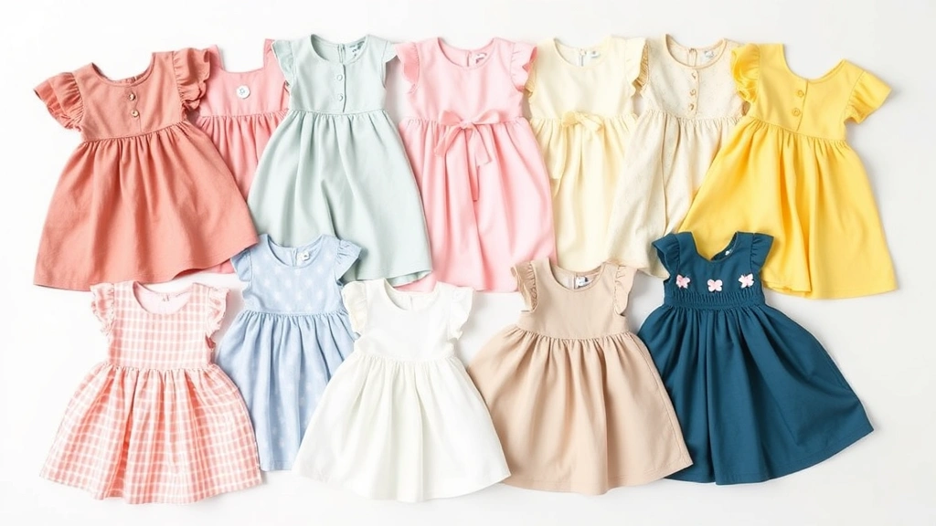 Flat-lay arrangement of various baby dresses in different colors and styles organized neatly, fresh and clean appearance