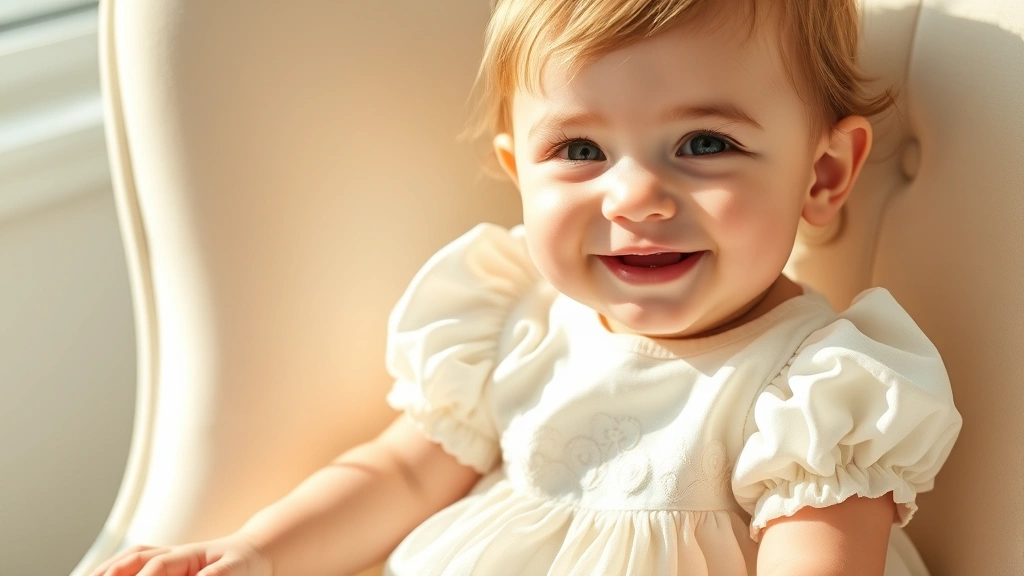 Close-up of a soft, smiling baby girl wearing a delicate cotton dress with embroidered details, sitting on a cream-colored chair in natural sunlight