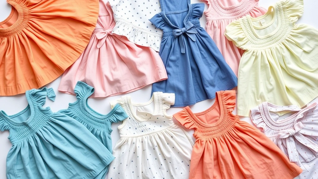 Flat lay overhead view of multiple colorful baby dresses in different fabrics and patterns neatly folded and arranged, showing variety and texture