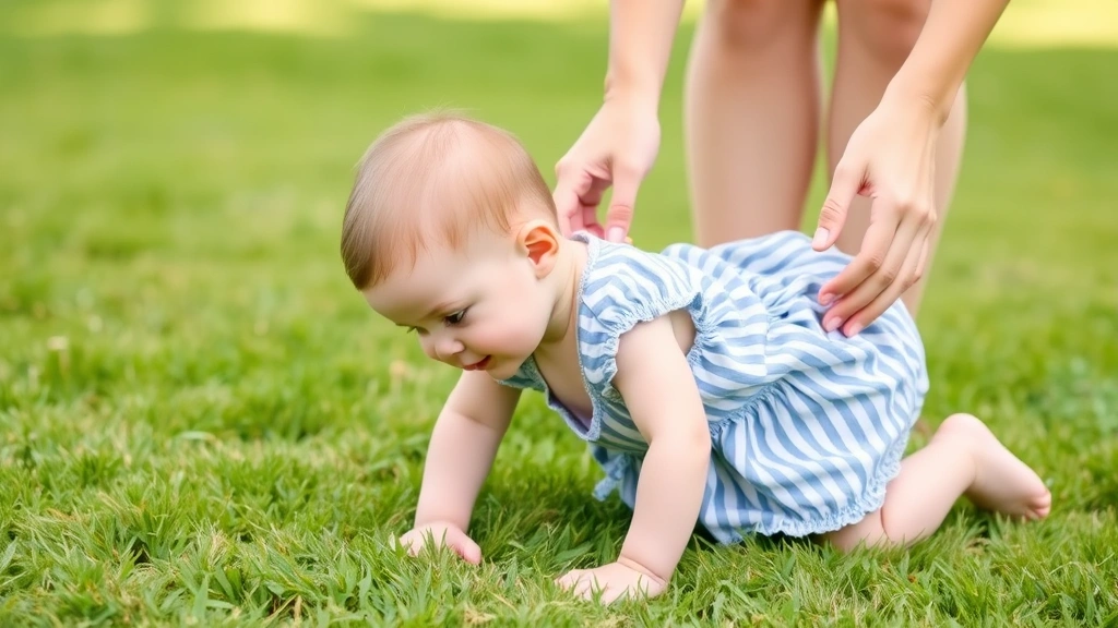 Baby girl toddler crawling outdoors on green grass wearing a practical, comfortable everyday dress, with mother's hands gently supporting nearby