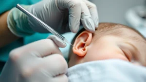 Close-up of a professional piercer's hands performing an ear piercing on an infant, using a sterile needle and wearing gloves, in a clean medical environment
