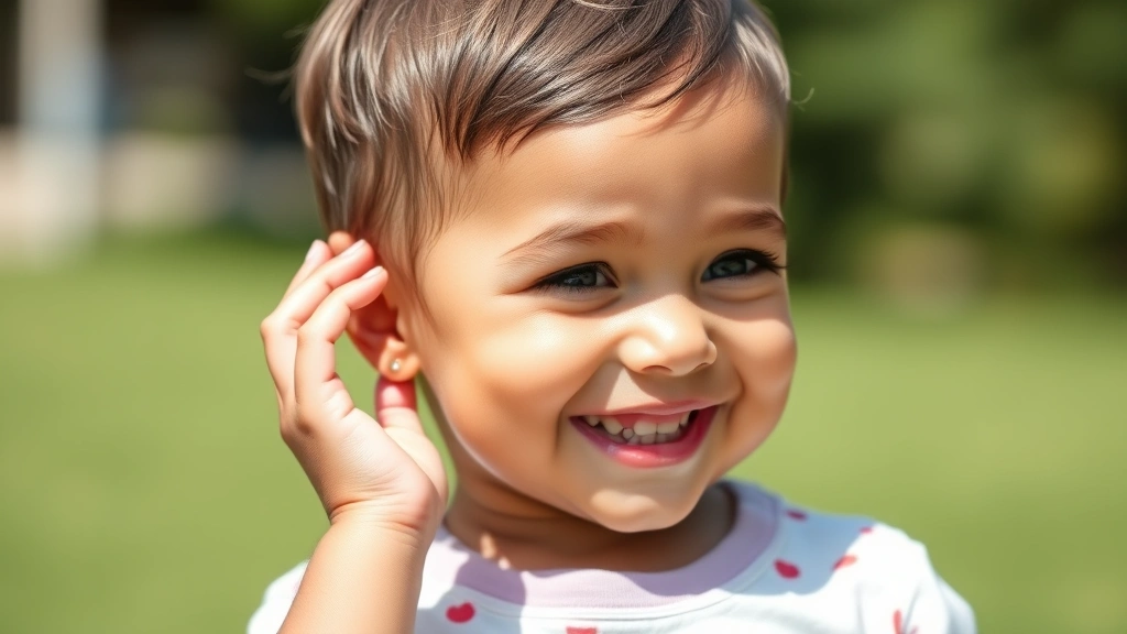 Happy toddler wearing small hypoallergenic stud earrings, touching ear gently with curious expression, bright natural daylight, joyful moment