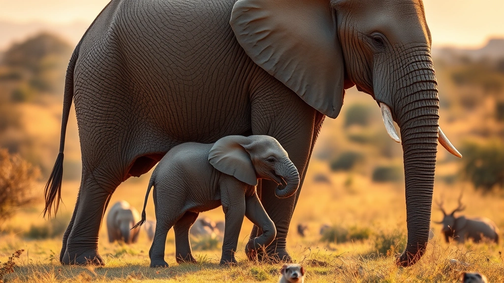 Newborn elephant calf standing close to mother elephant in natural savanna landscape, warm golden light, tender moment
