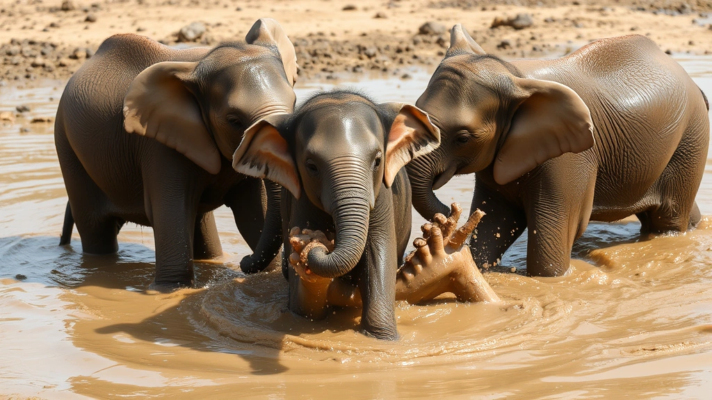 Young elephant calf playing in muddy water with other calves, joyful interaction, splashing and social bonding behavior