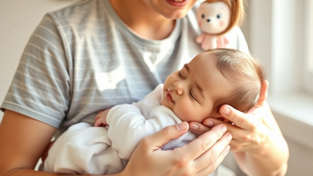 Caring parent gently holding and comforting a peaceful infant in warm natural light, showing tender bonding moment