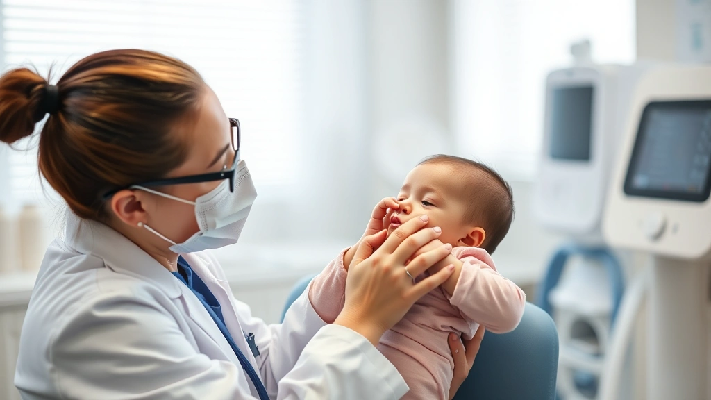 Pediatrician performing gentle medical examination on an infant in a bright clinical setting with protective care atmosphere