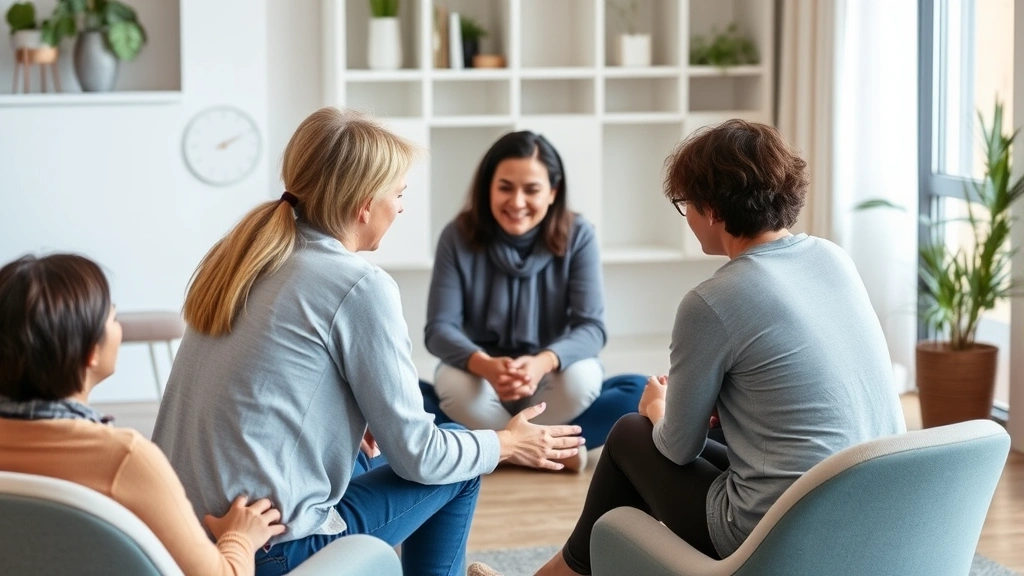 Support group of parents sitting in circle during counseling session, showing emotional connection and mutual support