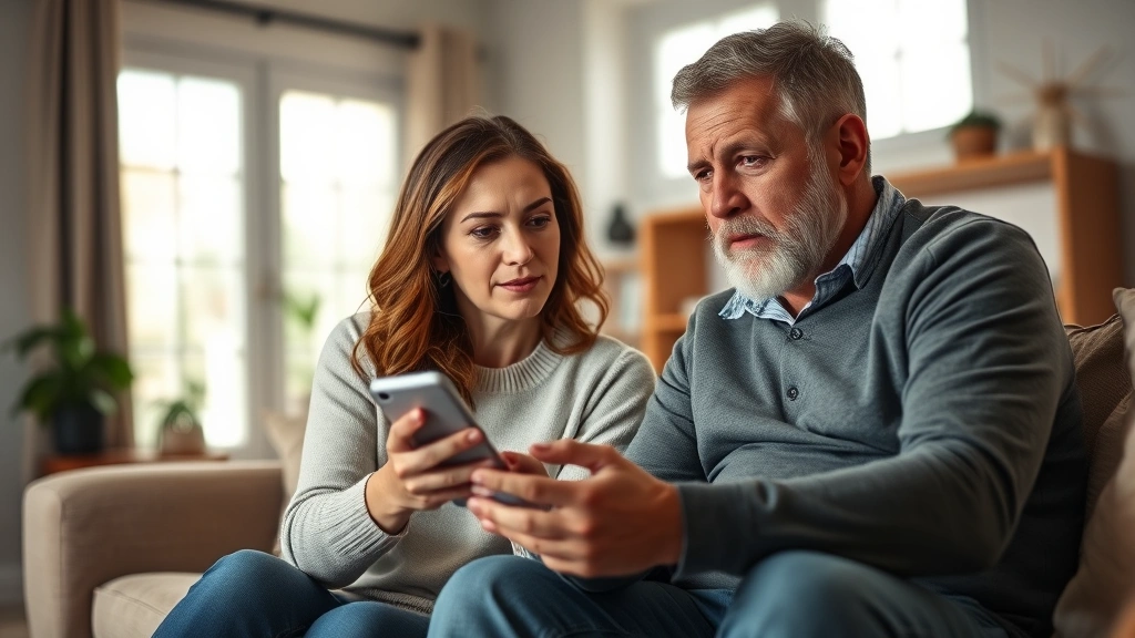 Concerned parents looking at smartphone together in living room, warm family home setting, natural lighting through windows, emotional connection