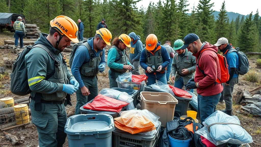 Search and rescue team members organizing supplies and equipment outdoors, community volunteers preparing for search operation, daytime scene