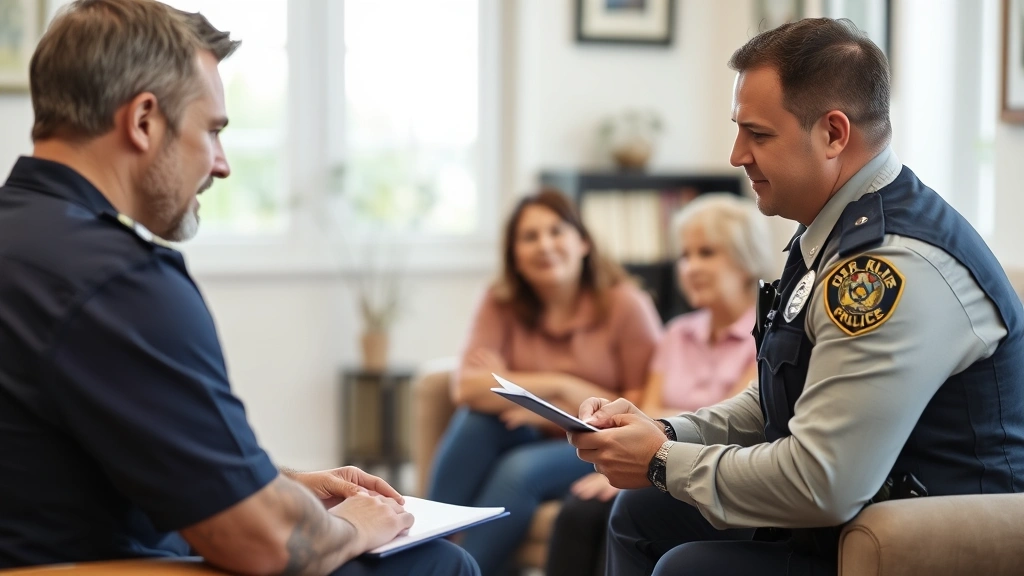 Police officer taking notes during family interview, supportive law enforcement interaction, professional office or home setting, compassionate scene