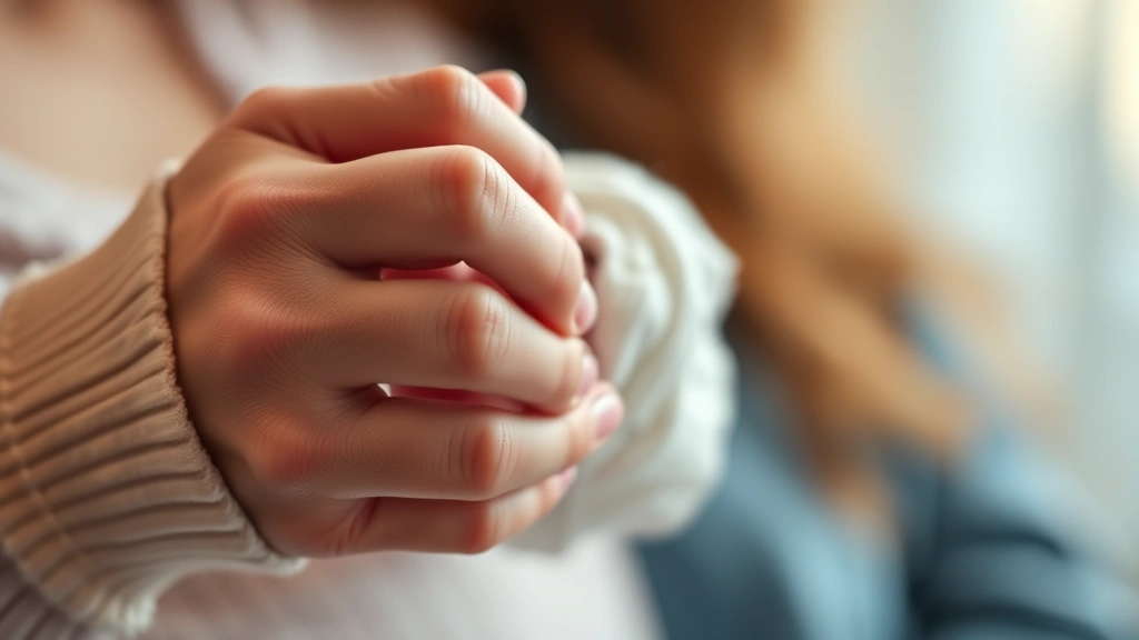 Close-up of a parent's hand gently holding a newborn baby's hand, warm lighting, intimate family moment, soft focus background