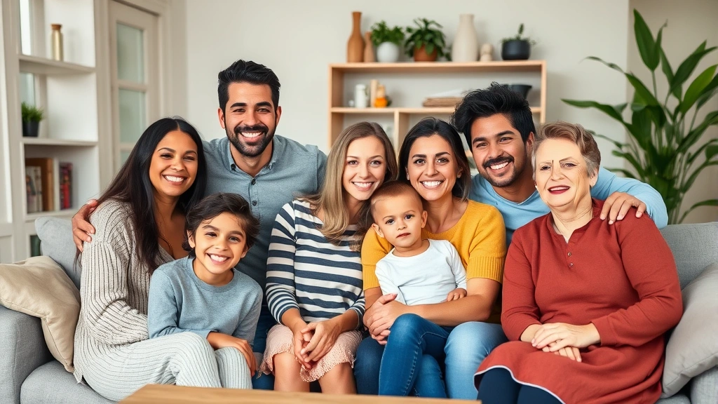 Diverse family gathered together in comfortable living room, smiling, showing emotional connection and togetherness, warm home environment