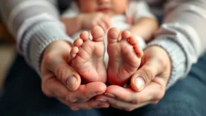 Close-up of tiny newborn feet nestled in parent's hands, soft natural lighting, warm skin tones, peaceful intimate moment