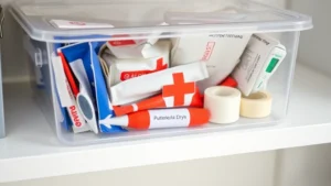 Organized clear plastic container with neatly arranged first aid supplies including bandages, gauze, thermometer, and medical tape on a white shelf