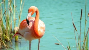 Close-up of an adult flamingo with vibrant pink plumage standing in shallow turquoise water, surrounded by natural wetland vegetation and reeds