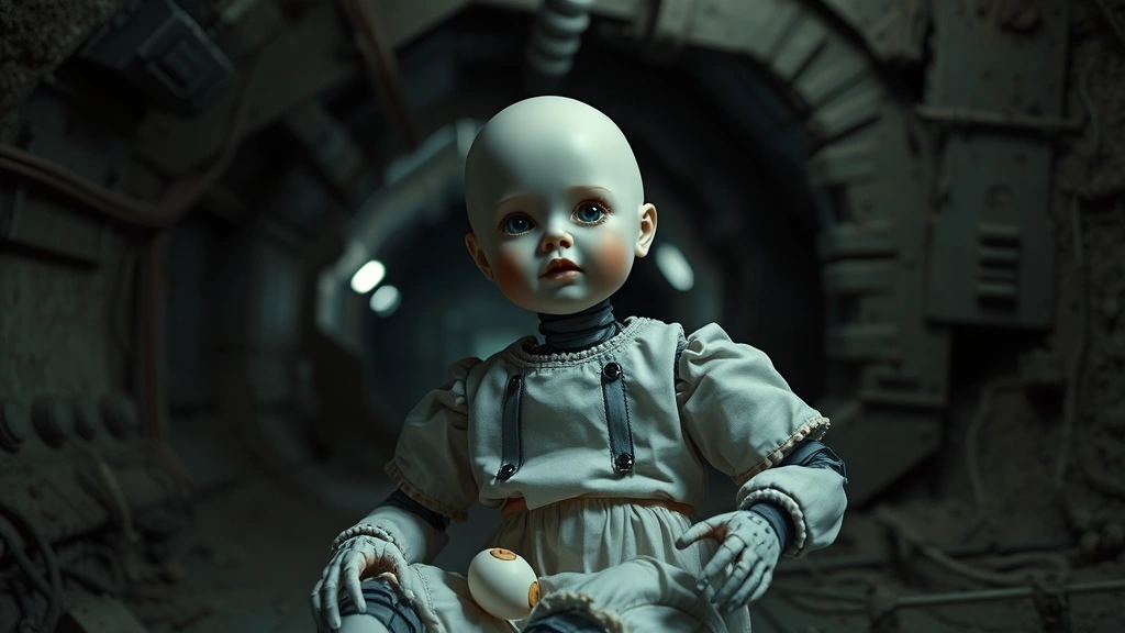 Animatronic porcelain doll with pale skin and rosy cheeks sitting in a darkened underground facility, mechanical parts visible, eerie but not grotesque, photorealistic style