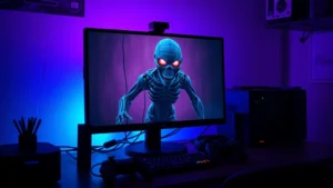 Moody gaming setup with purple and blue lighting, showing a computer monitor displaying an eerie animatronic character, desk with headphones and controllers, atmospheric horror gaming environment