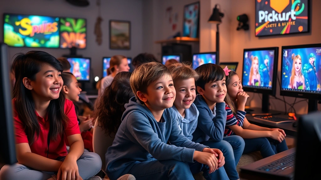 Group of diverse children sitting together in a gaming room, focused on screens showing colorful fan art and animations, warm lighting, happy expressions, collaborative atmosphere