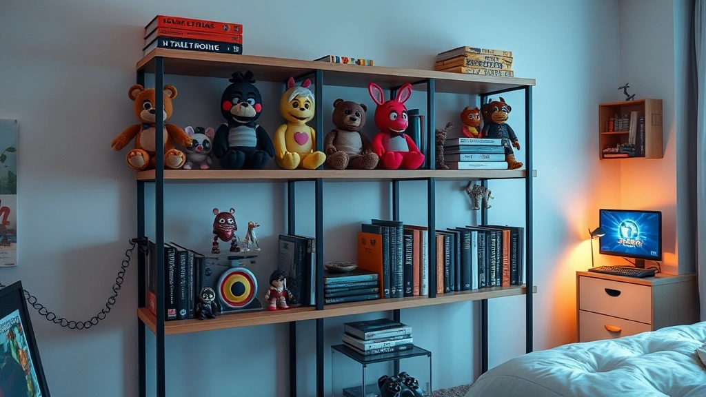 Modern bedroom shelf displaying FNAF merchandise including plushies, action figures, and books arranged neatly, soft ambient lighting, cozy gaming setup visible in background