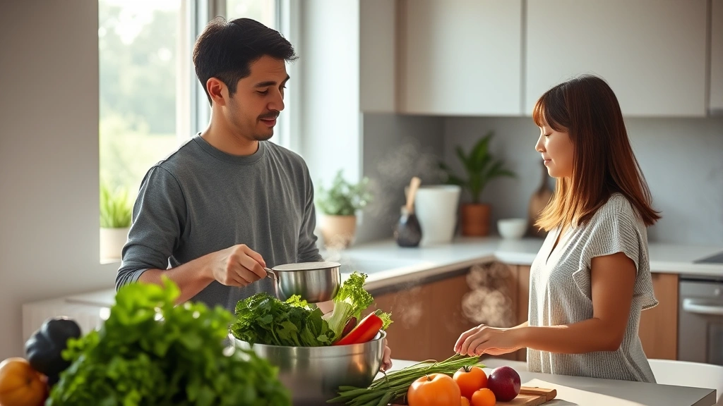 Peaceful parent steaming fresh organic vegetables in a modern kitchen, soft natural lighting through window, minimalist countertop with fresh produce