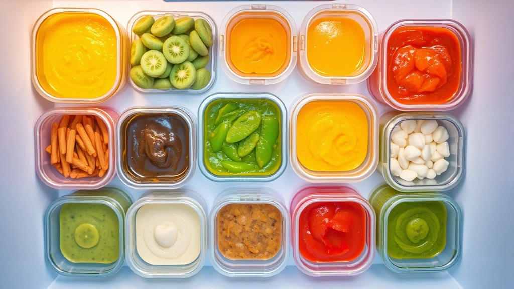 Overhead view of smooth pureed baby food in clear storage containers organized in refrigerator, various colored purees from different vegetables and fruits