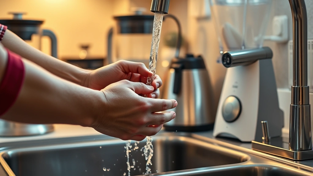 Close-up of hands washing and cleaning multiple kitchen appliances including blender and food processor, warm kitchen lighting, stainless steel sink