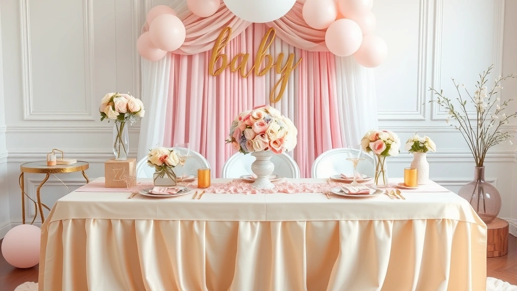 Elegant baby girl shower setup with blush pink and gold decorations, delicate floral centerpieces, and champagne-colored linens on a decorated table