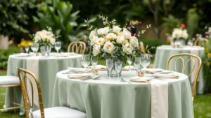 Elegant baby girl shower setup with sage green tablecloths, white roses, eucalyptus branches, and gold accents in an outdoor garden setting