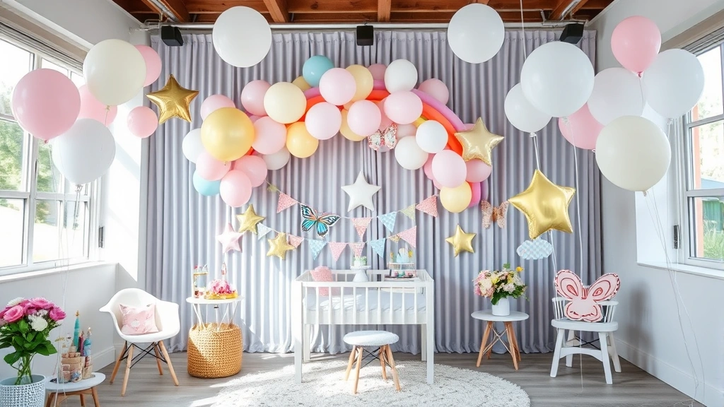 Whimsical nursery-inspired setting with pastel rainbow decorations, star-shaped balloons, and butterfly garland creating a magical celebration atmosphere