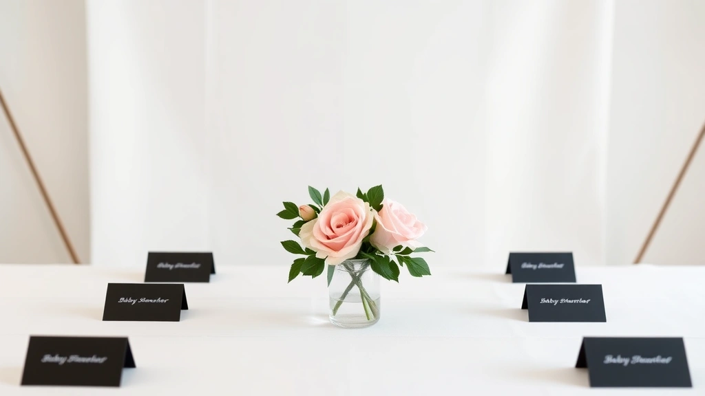 Minimalist modern baby shower with clean white table, single blush pink flower arrangement, black place cards, and geometric backdrop with negative space