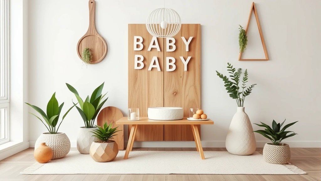 Modern minimalist baby shower space featuring natural wood elements, potted plants, geometric patterns, and soft neutral tones with intentional spacing