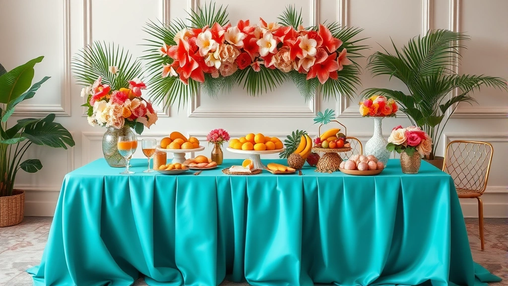 Luxurious tropical baby shower with turquoise linens, coral flowers, gold accents, palm leaves, and vibrant fruit display on elegant table