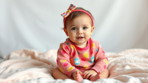 Adorable baby girl in colorful outfit sitting on soft blanket, natural lighting, no text no words no letters