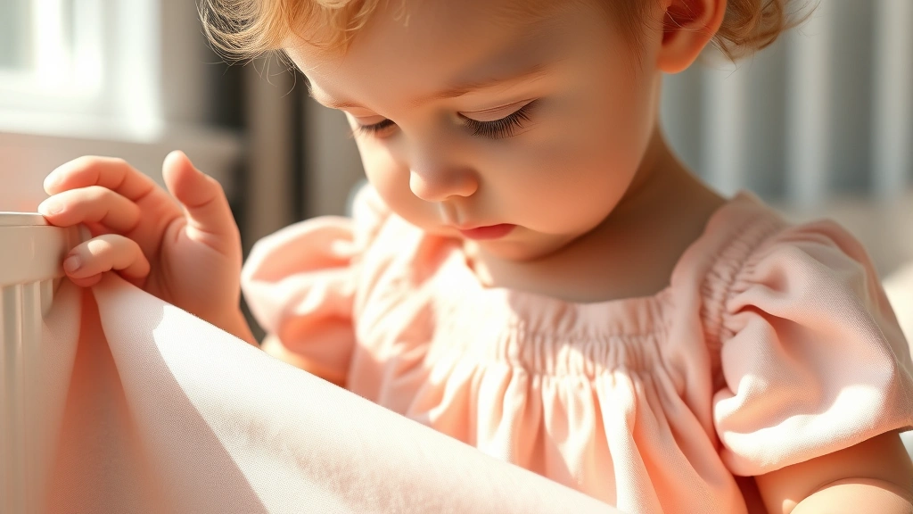Close-up of soft, delicate baby girl wearing a pale pink cotton dress, playing with fabric texture, natural sunlight, peaceful nursery background