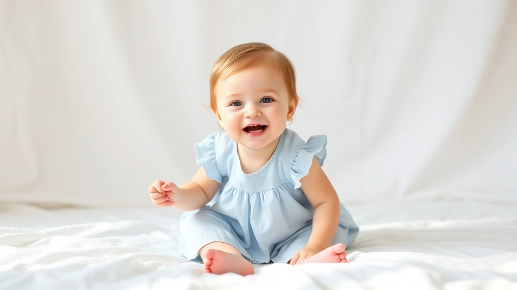 Happy infant girl in a light blue cotton dress playing on a soft white blanket, natural daylight, joyful expression, comfortable movement