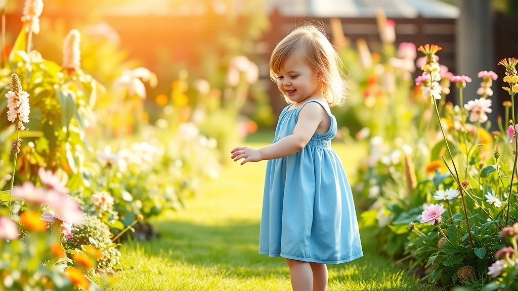 Toddler girl in a blue A-line dress standing in a sunny garden, smiling and reaching toward flowers, gentle motion, warm afternoon light