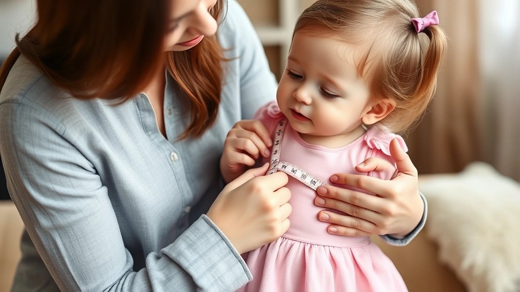 Parent carefully measuring a baby girl's chest with a soft measuring tape for proper dress sizing, warm indoor lighting, tender moment
