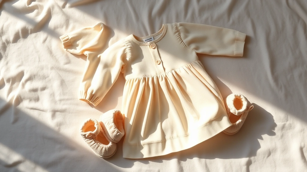 Overhead flat lay of soft pastel baby clothing items including a delicate dress, cardigan, and booties arranged on a cream-colored blanket in natural sunlight