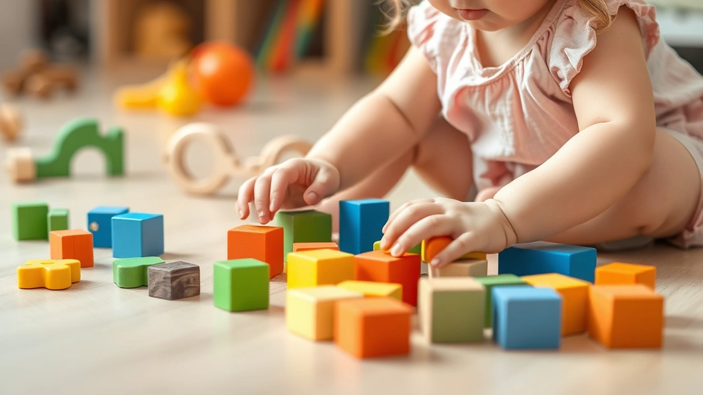 Close-up of a baby girl playing with colorful wooden blocks and sensory toys on a light wood floor with soft natural lighting