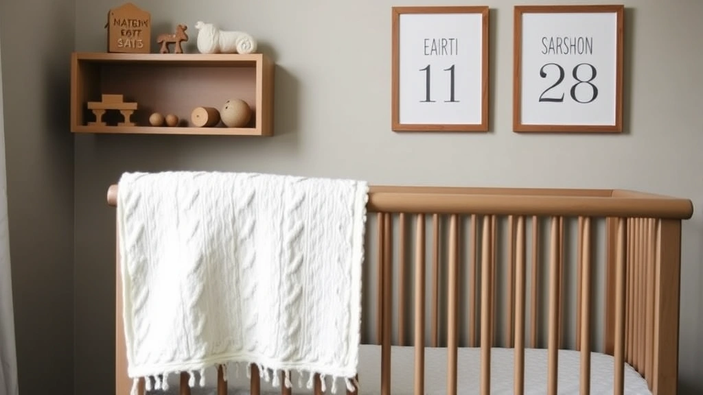 Styled nursery corner featuring a personalized blanket draped over a crib rail, wooden toys on a shelf, and framed birth stat artwork on the wall