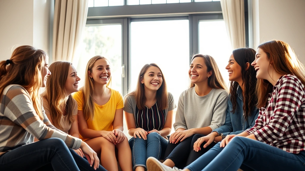 A diverse group of teenage girls laughing together while sitting in a circle, relaxed and comfortable with each other, natural sunlight streaming through a window, genuine friendship moment
