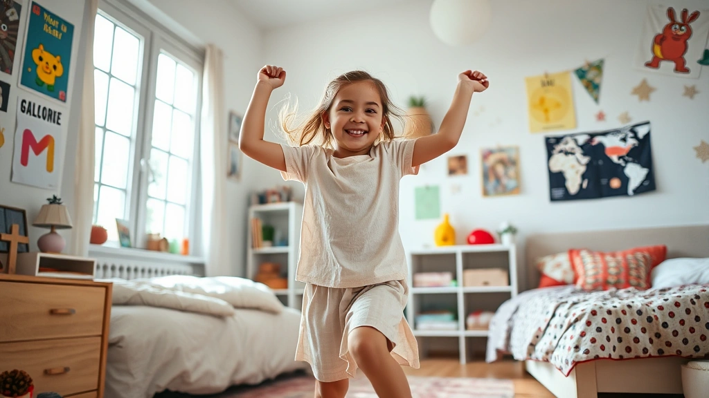 A young girl confidently dancing in her bedroom with natural movement and joy on her face, bright natural light from windows, decorated with posters and personal items