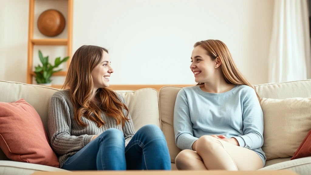 A parent and teenage daughter sitting on a couch having a genuine conversation, both smiling and relaxed, natural home setting with warm lighting, showing open communication