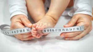 Close-up of a baby girl's tiny feet being measured with a soft measuring tape on white paper, natural daylight, hands gently holding foot