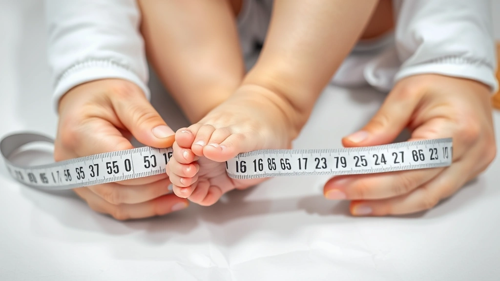 Close-up of a baby girl's tiny feet being measured with a soft measuring tape on white paper, natural daylight, hands gently holding foot