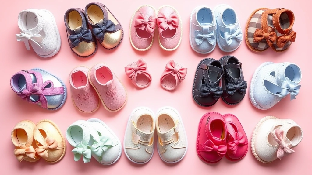 Colorful array of different baby girl shoes arranged on a soft pastel background, including soft-soled shoes, sandals, and hard-soled options