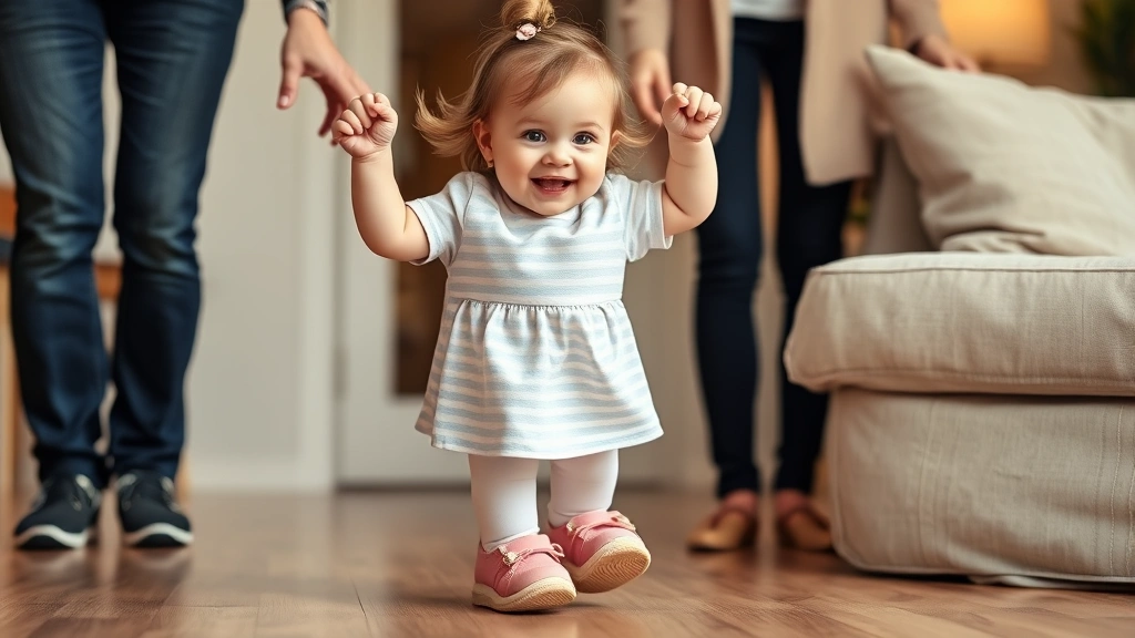 Happy toddler girl taking first steps indoors wearing comfortable pink shoes, parent's hands nearby for support, warm home setting